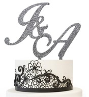 Strieborné INICIÁLY na zátku svadobnej torty s iniciálami SILVER GLITTER Strieborné INICIÁLY na zátku svadobnej torty s iniciálami SILVER GLITTER