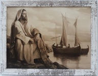 OBRAZ JEŽIŠA PRI LODE V RÁME Z BIELENEJ BOROVICE 55X75 OBRAZ JEŽIŠA PRI LODE V RÁME Z BIELENEJ BOROVICE 55X75
