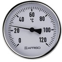 BIMETALOVÝ TEPLOMER 0-120 °C KOTOÚČOVÝ FI100mm OBJÍMKA 1/2x63mm AFRISO 63812