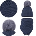 Dámska zimná súprava, dámska ČIAPKA S BAMBUĽKOU, ŠÁLKA, 1,8 m, MELANGE JEANS