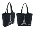 Nákupná taška cez rameno, A4, látka, nápis PARIS EIFLEL TOWER, čierna
