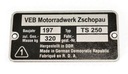 Typový štítok MZ TS 250