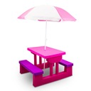 Detský stôl s lavičkami do záhrady k domčeku dáždnikov