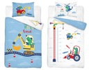 Detské obliečky 100x135, bagr na dinosaury, obojstranné, biela a modrá