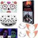 SADA HALLOWEEN 2 X ŠELFSKÉ UŠI A UPÍRI ZUBY + FLOREZENTNÉ TETOVANIE