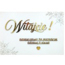 Tabuľa na privítanie hostí BIELA ​​50x70 cm ZLATÉ nápisy VITAJTE svadobná svadobná hostina