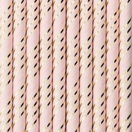 Papierové slamky ružové so zlatými prúžkami, 10 ks.