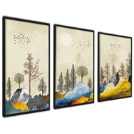Plagáty Krajina Hory Les Vtáky Zlatá béžová 40x50cm