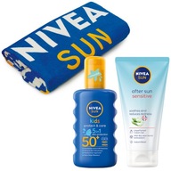 NIVEA SUN Krém po opaľovaní 175 ml + sprej s filtrom pre deti 200 ml + uterák