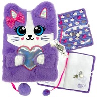 Diár s visiacim zámkom, kľúčik pre dievčatá, plyšový zápisník, fialový Mačka