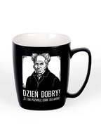 DOBRÉ RÁNO / SCHOPENHAUER / čierny hrnček s uškom DOBRÉ RÁNO / SCHOPENHAUER / čierny hrnček s uškom