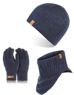Tmavo modrý šálový set s čiapkou a rukavicami pre mužov