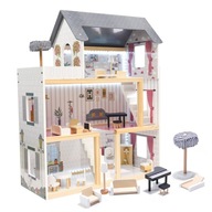 Drevený domček pre bábiky, vybavenie, nábytok na hranie, veľký, 78 cm, sivá LED