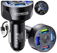 Výkonná nabíjačka 4 porty USB PD QC 3.0 do auta + kábel RÝCHLE NABÍJANIE Výkonná nabíjačka 4 porty USB PD QC 3.0 do auta + kábel RÝCHLE NABÍJANIE