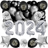 SILVESTROVÁ SÚPRAVA SILVESTR 2024 strieborné čierne balóniky s číslami SILVESTROVÁ SÚPRAVA SILVESTR 2024 strieborné čierne balóniky s číslami