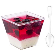 Štvorcové dezertné poháre 120ml + lyžičky 50ks opakovane použiteľné Štvorcové dezertné poháre 120ml + lyžičky 50ks opakovane použiteľné