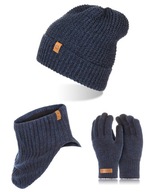 Tmavo modrá čiapka, teplý šál a pánske rukavice