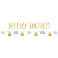 HELLO WORLD baby shower boy zlatý narodeninový banner HELLO WORLD baby shower boy zlatý narodeninový banner