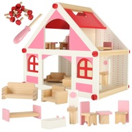 Drevený domček pre bábiky, biely, ružový, nábytok, 36 cm