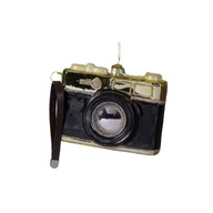 Sklenená cetka - fotoaparát. čierno-zlatá vianočná dekorácia