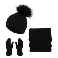 W454D Dámsky zimný čierny set, čiapka, šál, rukavice
