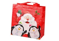 Červená darčeková taška Santa a Penguins 22 cm x 22 cm x 11 cm