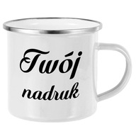 BIELY KOVOVÝ SMALTOVANÝ HRNČEK S VAŠOU POTLAČOU