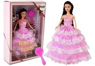 Tmavovlasá princezná bábika, ružové šaty, štetce