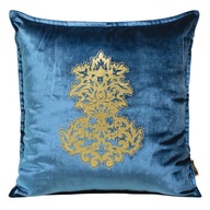 Modrá zamatová obliečka na vankúš so zlatým ornamentom, 45X45 Modrá zamatová obliečka na vankúš so zlatým ornamentom, 45X45