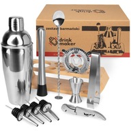 Barmanská súprava na nápoje, 12 ks. shaker 750 ml muddler jigger sito stojan Barmanská súprava na nápoje, 12 ks. shaker 750 ml muddler jigger sito stojan