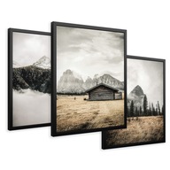 SET Zarámované obrazy plagáty vidiecka chata hory hmla triptych 43x99 SET Zarámované obrazy plagáty vidiecka chata hory hmla triptych 43x99