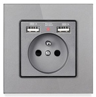SKLENENÁ ZÁSUVKA S 2x USB ŠEDÝ KONTAKT + KRABIČKA SKLENENÁ ZÁSUVKA S 2x USB ŠEDÝ KONTAKT + KRABIČKA