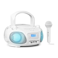 RÁDIO S KARAOKE FM BT USB CD AUX S MIKROFÓNOVÝM BOOMBOXOM PODSVIEČENÝ biely RÁDIO S KARAOKE FM BT USB CD AUX S MIKROFÓNOVÝM BOOMBOXOM PODSVIEČENÝ biely