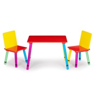 Zostava detského nábytku: drevený stôl + 2 farebné stoličky