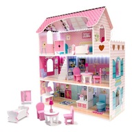 Drevený domček pre bábiky + nábytok, LED osvetlenie, ružová, 70 cm