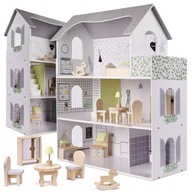 Drevený domček pre bábiky s nábytkom, 70 cm, sivý