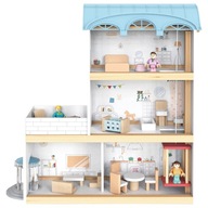 Pastelový drevený domček pre bábiky Ula nábytok 3 poschodia + POSTAVKY a výťah