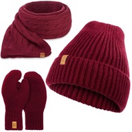 Bordová dámska čiapka, zimný šál a rukavice 3v1