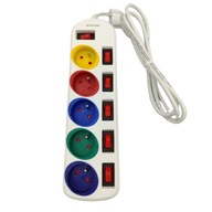 Hykker Predlžovací kábel s vypínačmi 1,5m 5 zásuviek Biela Farebné zásuvky Hykker Predlžovací kábel s vypínačmi 1,5m 5 zásuviek Biela Farebné zásuvky