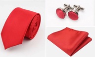 Pánska červená úzka kravata + vreckovka + manžetové gombíky