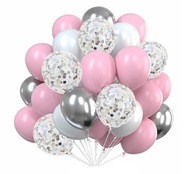 Kytica šedých, ružových a bielych balónov s pastelovými konfetami