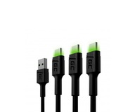 3x Green Cell USB Type A - USB Type C LED kábel 2m