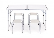 Turistický stôl, rozkladací stôl, sada 4 stoličiek, biela