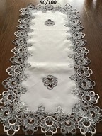 Behúne na stôl/obrúsky biele zdobené sivou Guipure 85 cm/ Behúne na stôl/obrúsky biele zdobené sivou Guipure 85 cm/