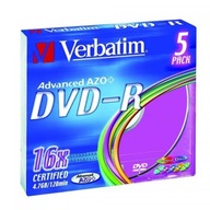 Verbatim DVD-R, farebný, 43557, 4,7 GB, 16x, tenký box, 5-balenie, bez možnosti