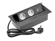 Predlžovací kábel na stôl 2x zásuvka 2xUSB čierny GTV Predlžovací kábel na stôl 2x zásuvka 2xUSB čierny GTV
