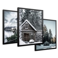 SET Zarámované obrazy plagáty chata na horách zima sneh triptych 43x99 SET Zarámované obrazy plagáty chata na horách zima sneh triptych 43x99