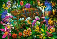 PUZZLE 1500 PUZZLE ZVIERATÁ VTÁKY CHAMELEON FAREBNÉ KVETY 9+ KOLEČKO