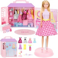 Domčeková skriňa s oblečením pre bábiky S OBLEČENÍM + BÁBIKA NA STOJANKU XXL SET Domčeková skriňa s oblečením pre bábiky S OBLEČENÍM + BÁBIKA NA STOJANKU XXL SET