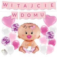BANNER VÍTAJTE DOMA SET balónov - ružové bábätko víta dievčatko BANNER VÍTAJTE DOMA SET balónov - ružové bábätko víta dievčatko